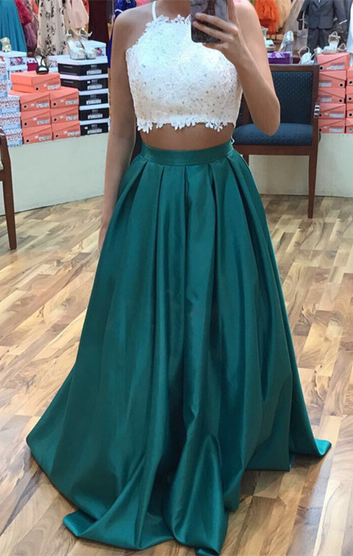 Modest Beading A-line Two Piece Halter Sleeveless Prom Dress