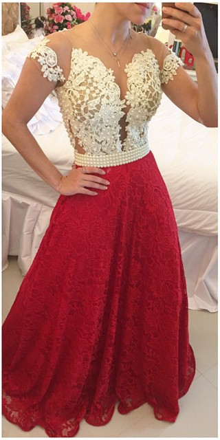 A-Line Short Sleeves Lace Prom Dresses Deep V-Neck illusion Beaded Party Dresses BT00