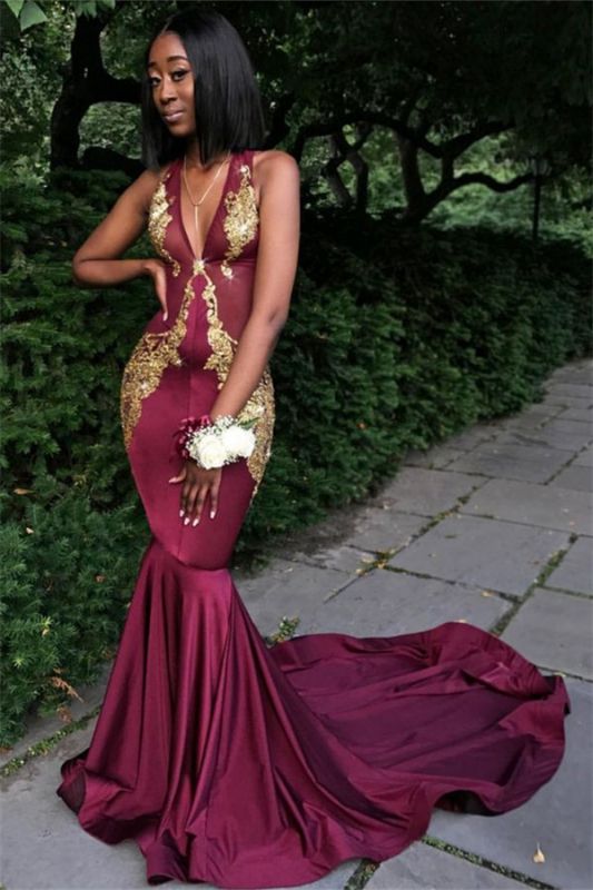Sexy Burgundy V-Neck Sleeveless Prom Dresses | Long Mermaid Appliques Formal Dresses SK0093