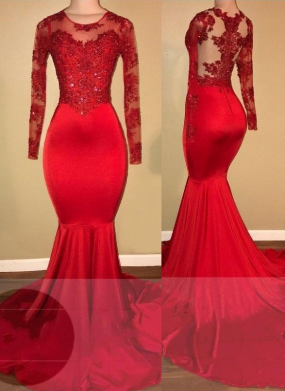 Mermaid Long Sleeve Red Appliques Sheer Amazing Prom Dresses  BA7856