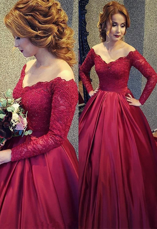 Modest Burgundy Off-the-shoulder-Long Sleeve Lace Prom Dress