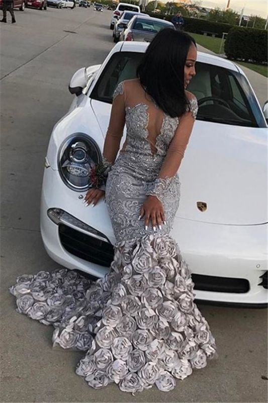 Long Mermaid Long Sleeve Prom Dresses Flowers Appliques Court Train Formal Gowns SK0122