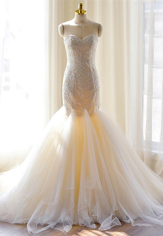 Gorgeous Beautiful Lace Appliques Tulle Mermaid Sweetheart Wedding Dresses