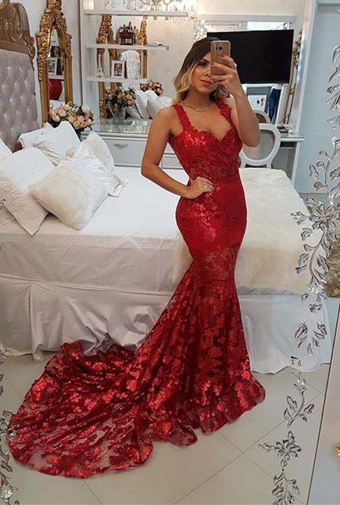 Modest Red Straps Mermaid Sweep Train Evening Dress | Lace Party Gown