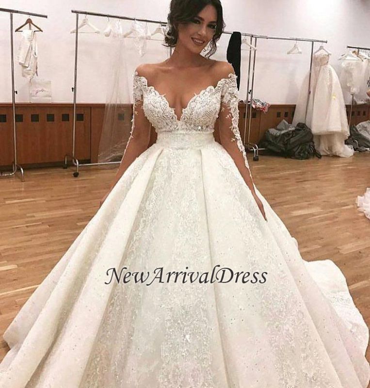 Long Sleeve Sexy Ball Gown Wedding Dresses | Sheer Tulle Lace Appliques  Bridal Gowns