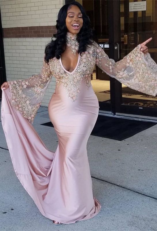 Delicate High Neck Lace Mermaid Long Sleeve Prom Dress | Plus Size Prom Dress