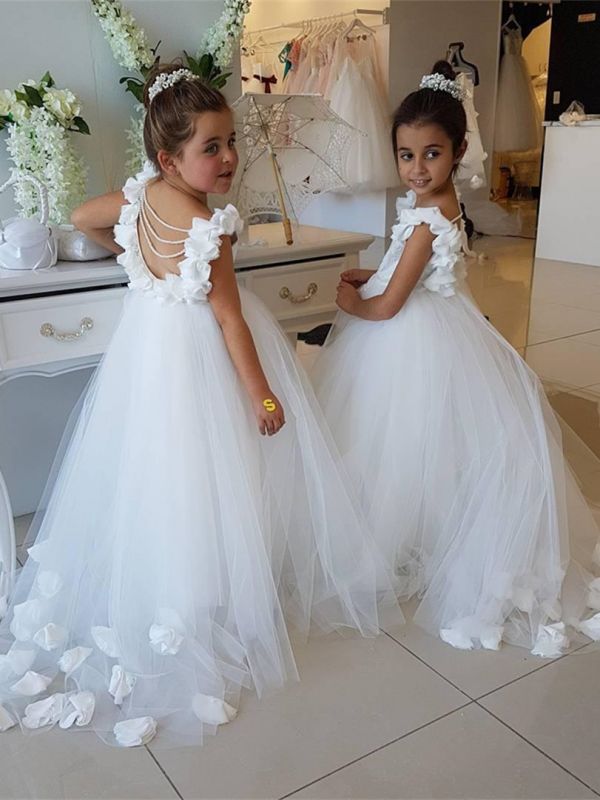 Modest White Cap Sleeve Scoop Cute Flower Girl Dress