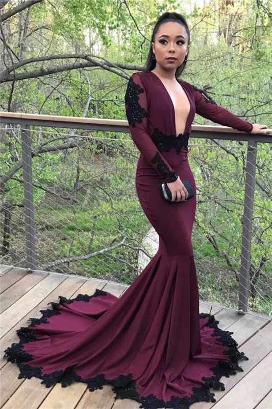 Long Mermaid Long Sleeve Prom Dresses | Appliques Open Back Formal Dresses with Beads SK0041