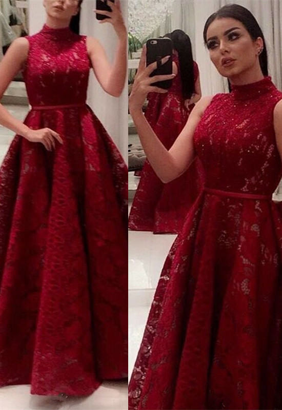 Newest Lace High Neck Red A-line Long Prom Dress