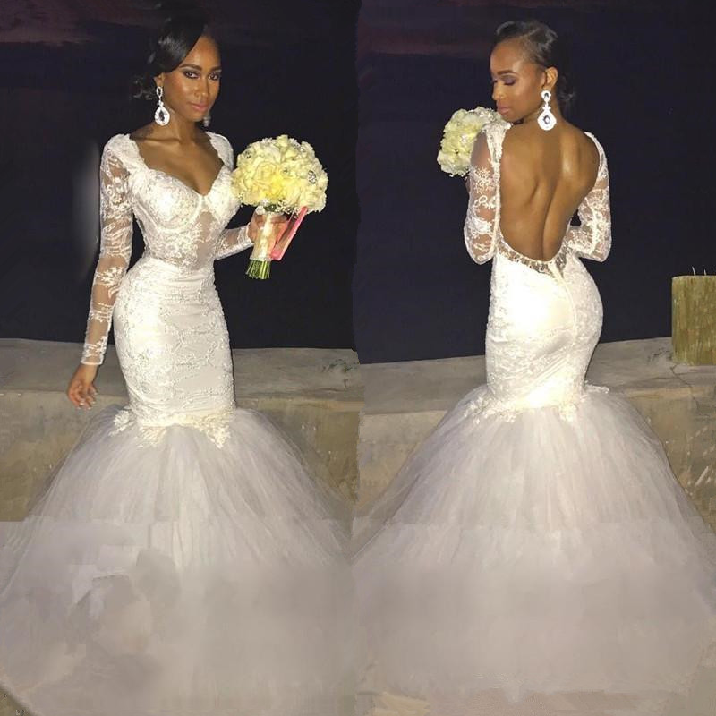 long sleeve lace open back mermaid wedding dress