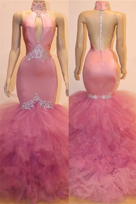 Keyhole Tulle Mermaid Long Prom Dresses   for Formal | Sleeveless Beads Crystals Long Prom Dresses   BC1555