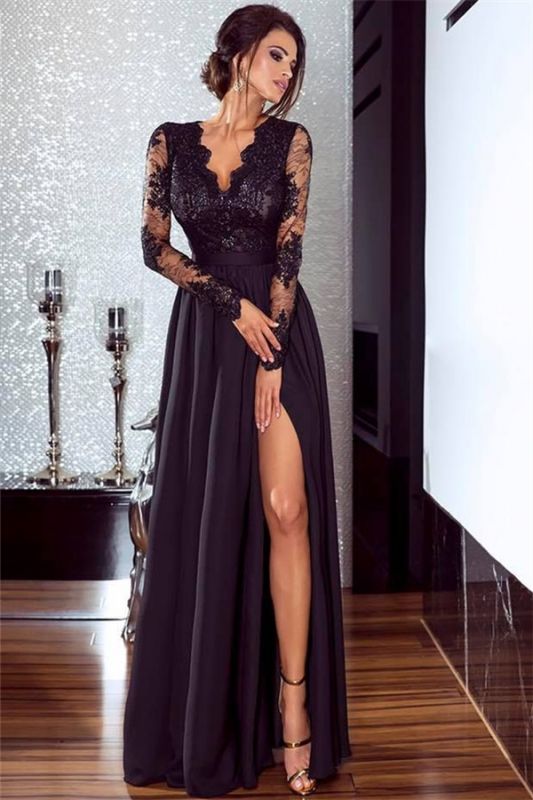 Sexy Slit Long Sleeve Formal Dress Online |  Black Lace V-neck Prom Dresses FB0191
