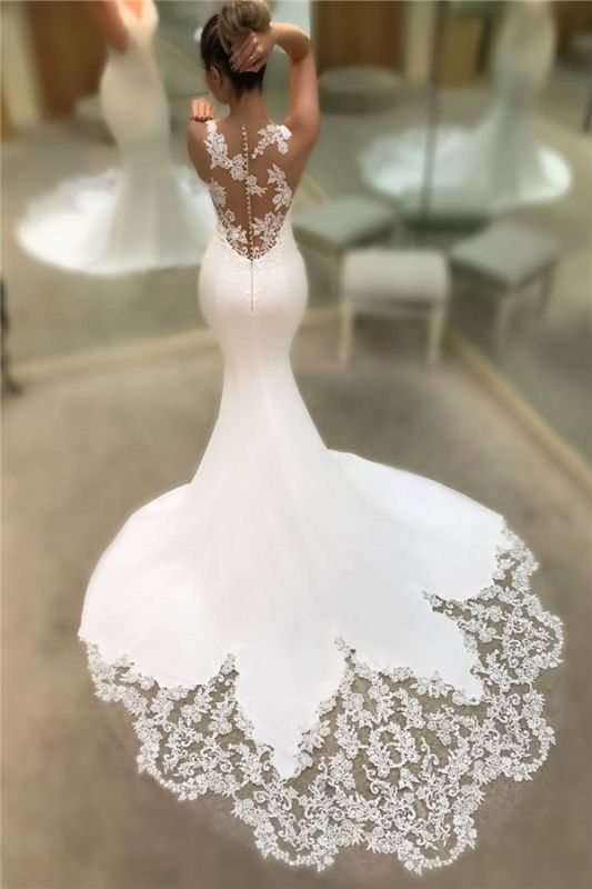 Mermaid Satin Lace Wedding Dresses  2021 | Sleeveless Sheer Back V-neck Bridal Gowns BC0578