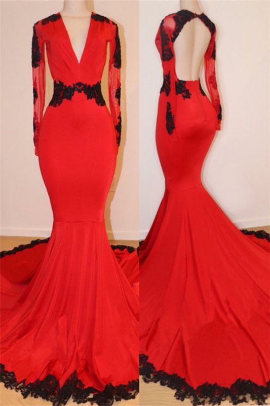 Vestidos de fiesta rojos con espalda abierta y apliques de encaje negro | Vestido de graduación de sirena sexy con cuello en V manga larga