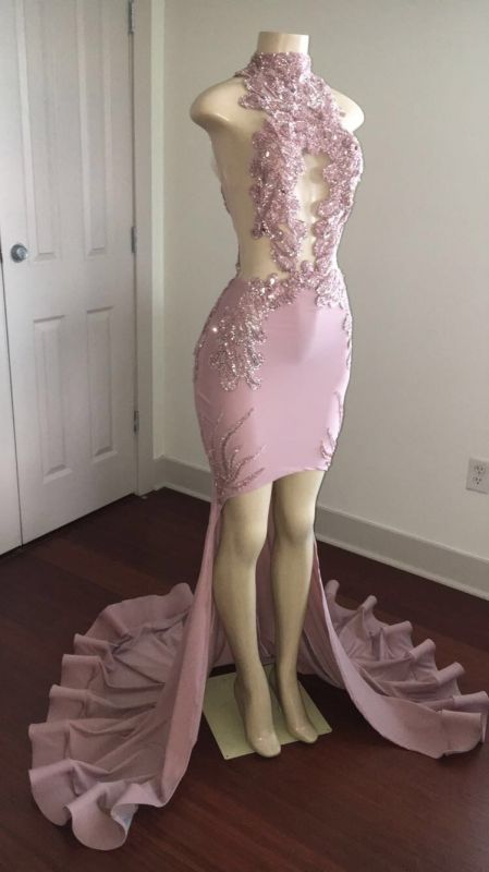 Modest High Neck Lace Appliques Prom Dresses  | Front Split Prom Dresses