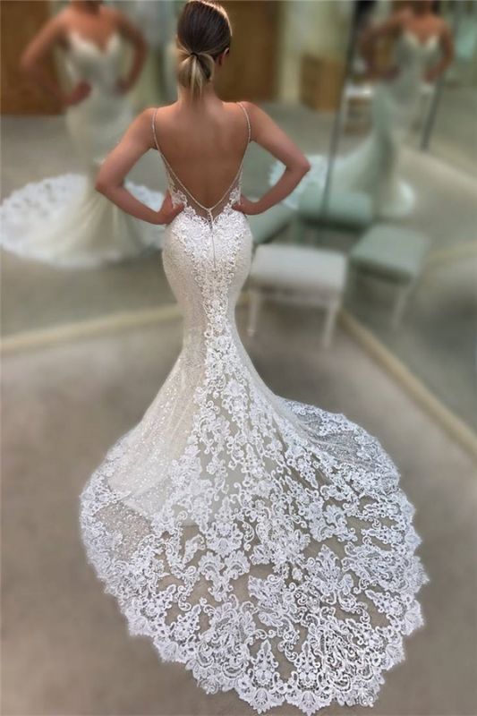 Backless Mermaid Lace Brautkleider Günstige 2021 | Spaghettiträger Pailletten Sexy Brautkleider