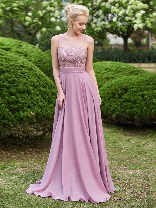 Chiffon Tulle Lace Beadings Jewel Sleeveless Floor-Length Bridesmaid Dresses with Sash
