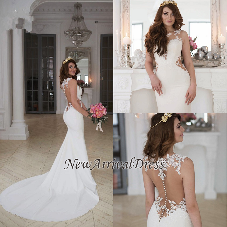 Illusion Sexy Lace Appliques Mermaid Modern Satin Wedding Dresses with Court Train
