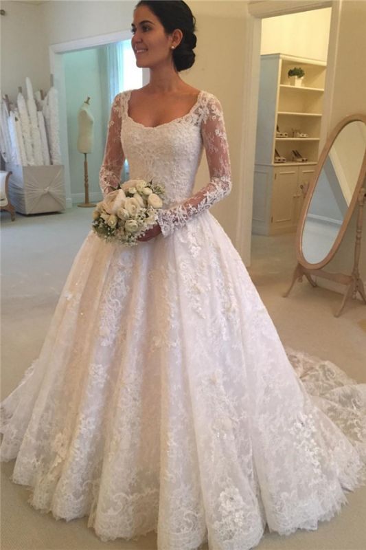 Long Sleeve Lace Elegant Wedding Dresses |  Ball Gown Wedding Dresses with Court Train