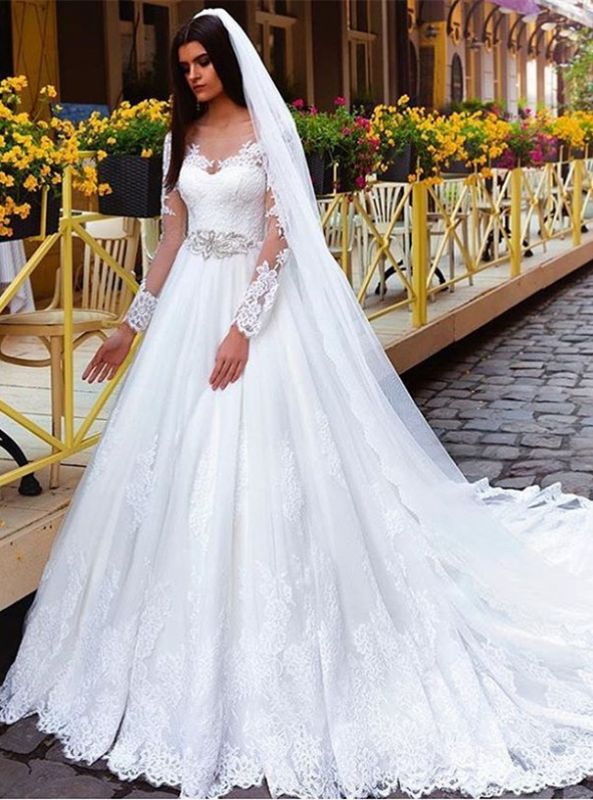 New Arrival Lace Princess Crystal Long Sleeve Elegant Wedding Dresses