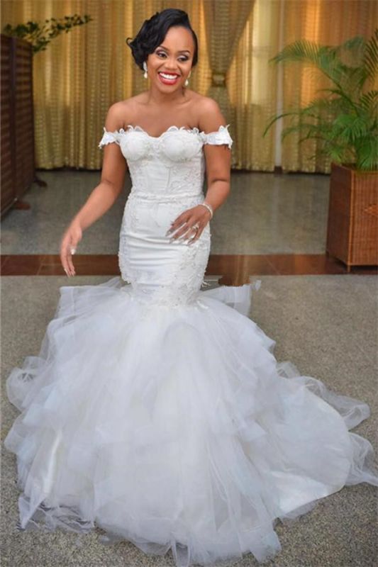 Short Sleeve Sexy Off The Shoulder Beautiful Lace-up Tulle Modest Beautiful Lace Mermaid Wedding Dresses