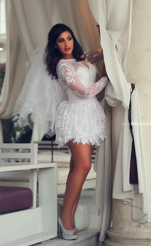 White A-Line Wedding Dress  Mini Jewel Long Sleeve Bridal Dresses
