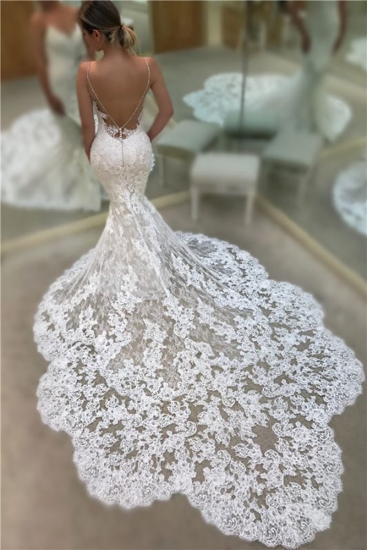 Sexy Open Back Mermaid Lace Wedding Dresses | Spaghetti Straps 2021 Bridal Gowns with Chapel Train
