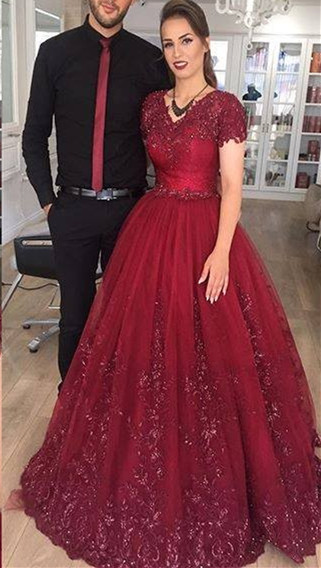 Delicate Burgundy Short Sleeve Lace Appliques A-line Evening Gown