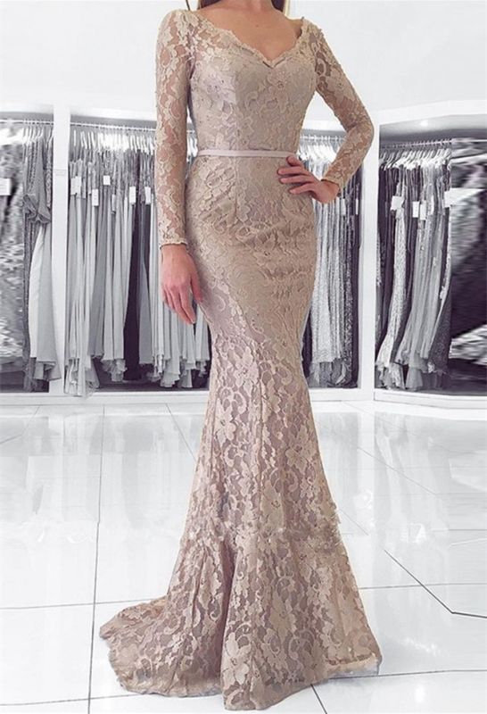 Modern Long Sleeve Mermaid Lace Zipper Long Prom Dress