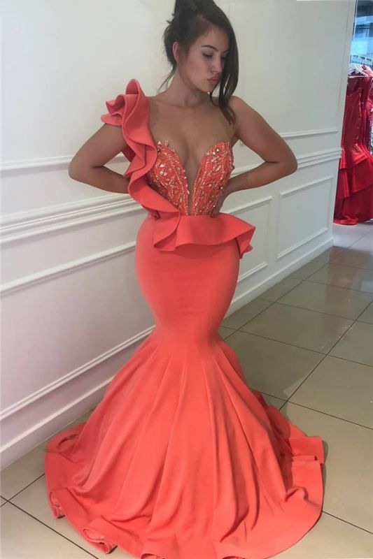 Orange One Shoulder Sexy Mermaid Prom Dresses  | Sleeveless Long Formal Evening Dress BA9782