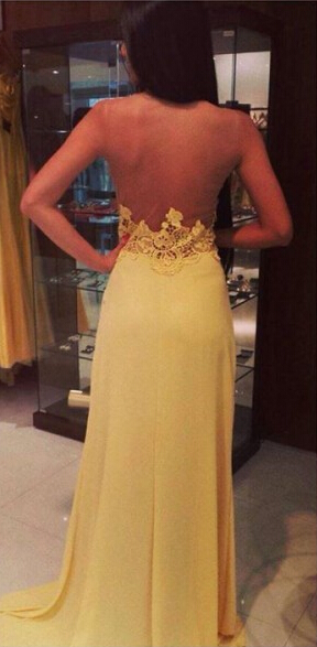 Yellow Lace Chiffon Long Prom Dresses Sheer Open Back Sleeveless Evening Gowns