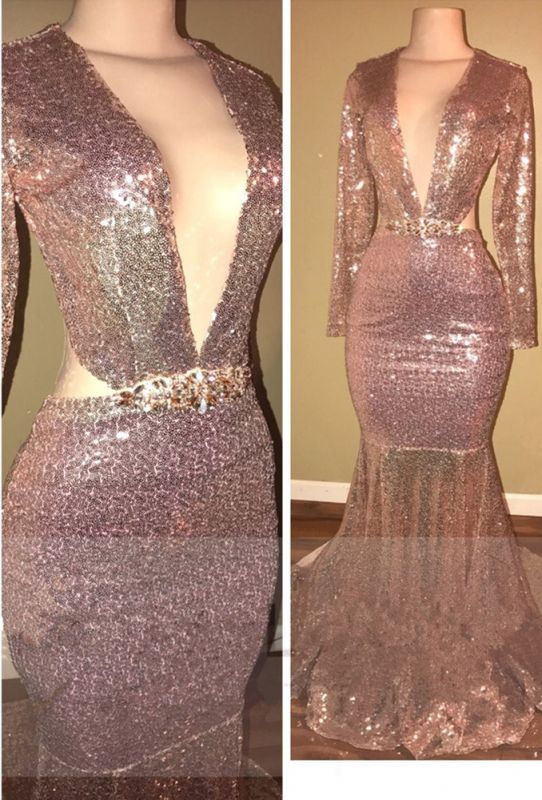 Open Back Mermaid Sequined Long Sleeve Evening Gowns | Gorgeous V-neck Prom Dresses