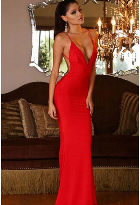 Red Mermaid V-neck Sleeveless Sexy Open-Back Prom Dress