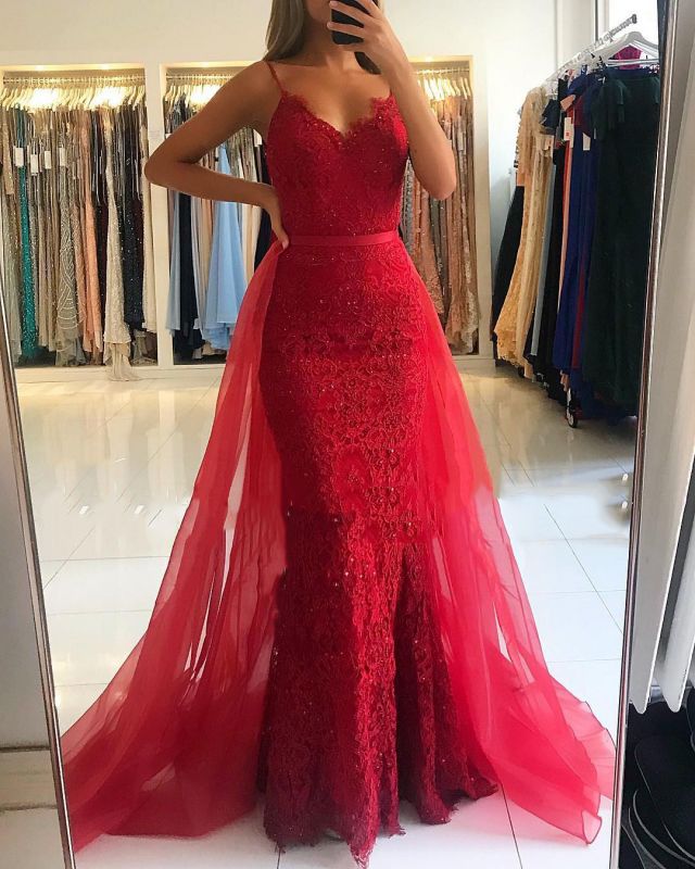 Rote Scheide Spaghetti Riemen Prom Kleider 2021 | Sexy Lace OverSkirt Abendkleid