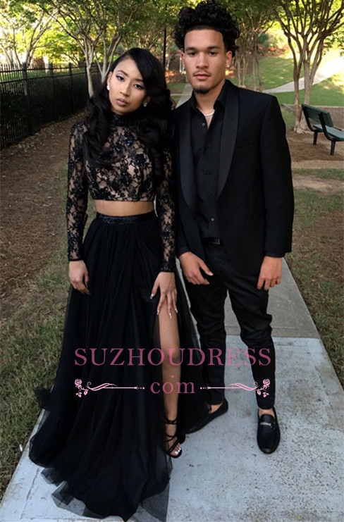 Two Piece Long Sleeve Formal Gowns | Black Long Slit Lace Prom Dress SP0349