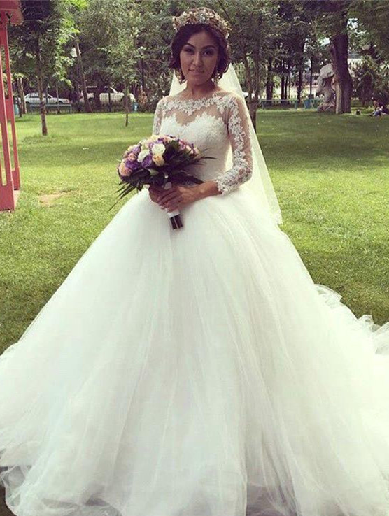 Elegant Long Sleeve  Online Princess Lace Appliques Glamorous Ball Gown Wedding Dresses