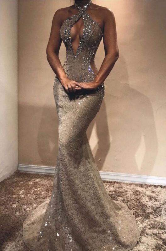 Halter Open Back Long Prom Dresses  | Shiny Beads Crystals Illusion Mermaid Formal Gowns