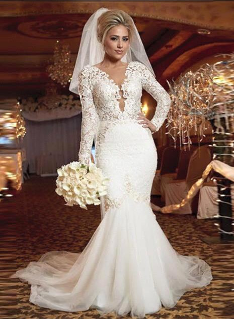 V-neck Sexy Lace Long Sleeve Wedding Dresses | Appliques Open Back Mermaid  Bridal Gowns