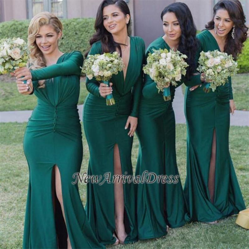 Sexy Front-Split V-Neck Green Mermaid Long-Sleeves Bridesmaid Dresses