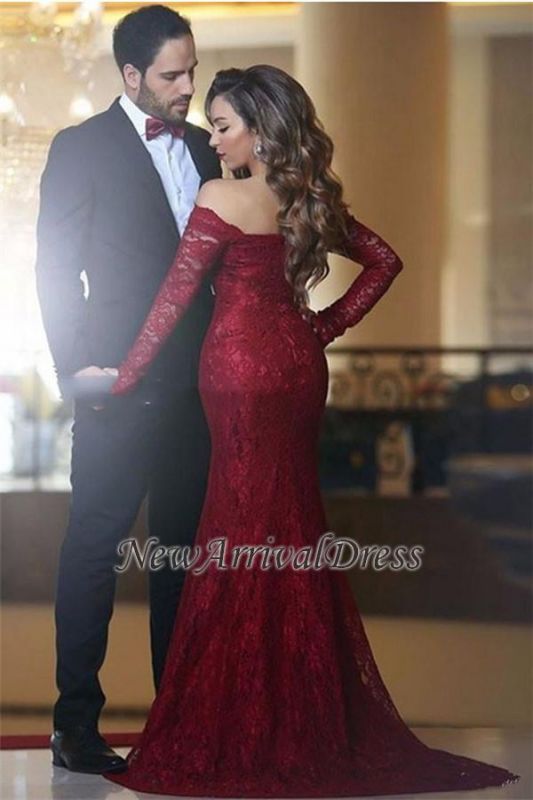 Off-the-shoulder Elegant Long-Sleeve Long Lace Red Mermaid Evening Dress