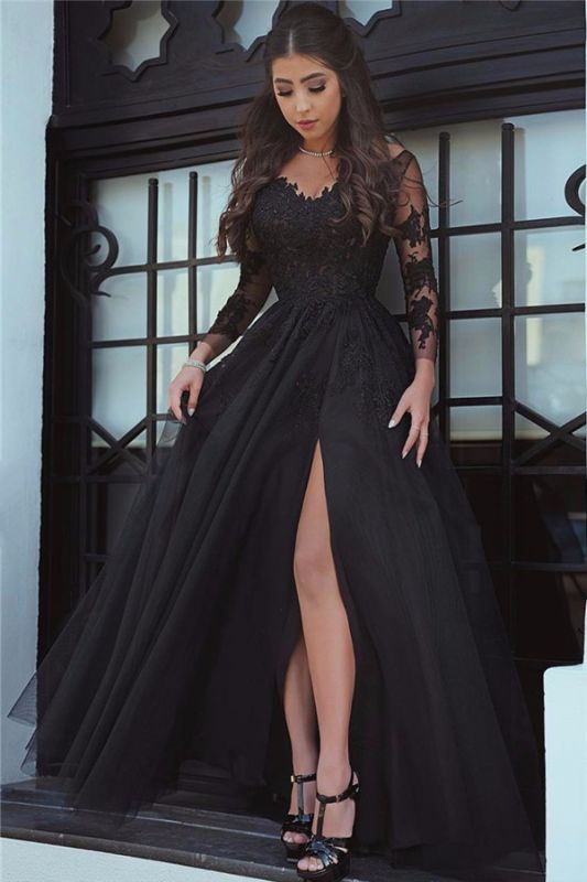 Glamorous Slit Lace Long-Sleeve Black Evening Dress