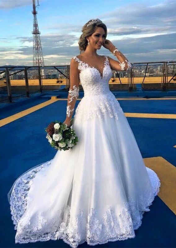 Lace Appliques Long Sleeve Wedding Dresses  | Gorgeous  A-Line V-Neck Bridal Gowns