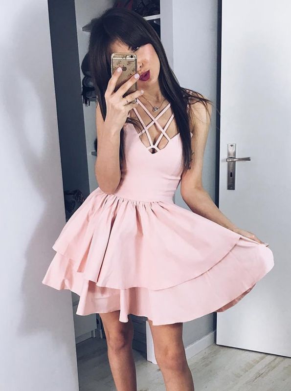 Fashion Pink Spaghetti Strap Homecoming Dress | Ruffled Short Party Gown