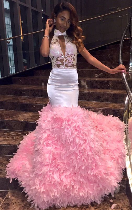 New Arrival Pink High Neck Mermaid Prom Dresses Keyhole Applqiues Formal Dresses SK0129