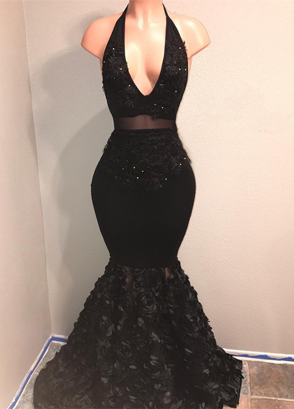 Black V-Neck Prom Dresses  | Mermaid Evening Gown With Flowers Bottom BA9153