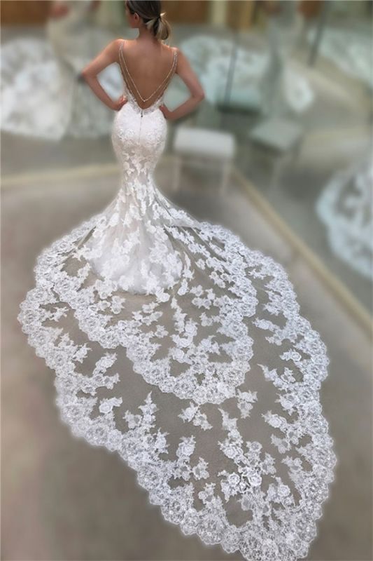 Cathedral Lace Train Backless Wedding Dresses  2021 | V-neck Spaghetti Straps Sheath Bridal Gowns