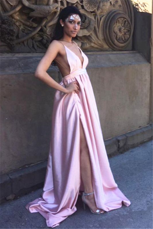 Sexy Backless Simple Formal Dresses V-neck Side Split Prom Dress in Satin BA5405