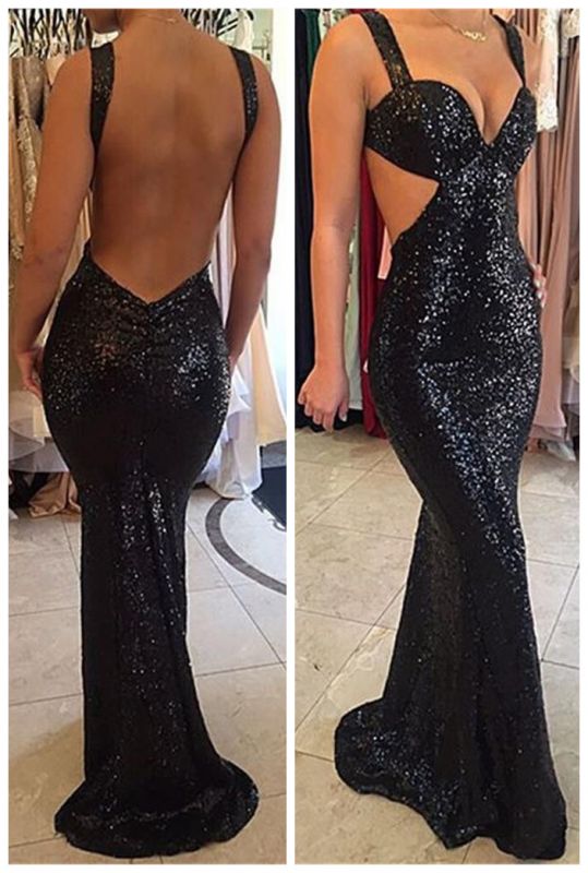 Black Straps Sweep-Train Mermaid Sexy Backless Prom Dresses