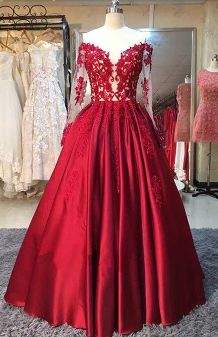 Puffy Long Sleeve Off The Shoulder Red Lace Appliques Long Prom Dresses  BA5004