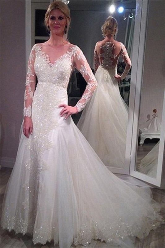 Sequins Glamorous Elegant Lace Appliques Tulle Long Sleeve Wedding Dress